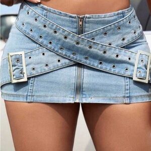 Crisscross Belted Denim Mini Skirt